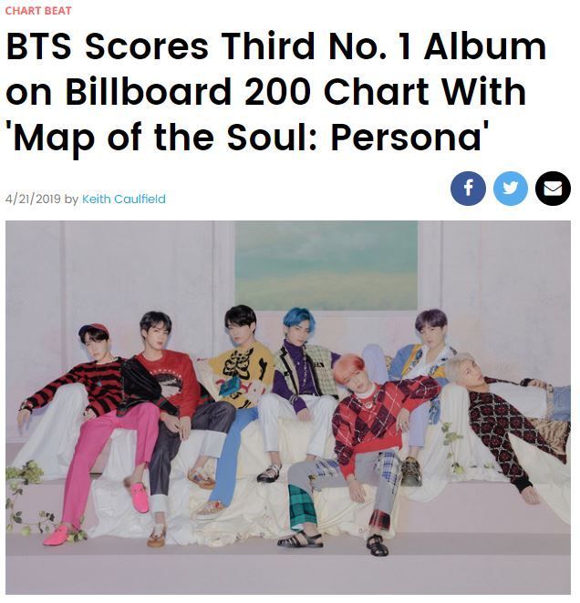 지난 12일 발매된 방탄소년단의 새 앨범 '맵 오브 더 솔 : 페르소나'(Map of the Soul: Persona)가 메인 앨범 차트 '빌보드 200'에서 세번째 1위에 올랐다/사진=빌보드 홈페이지 캡처