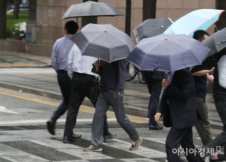 전국 대부분 지역에 비가 내린 25일 서울 중구 무교로에서 우산을 쓴 시민들이 발걸음을 재촉하고 있다. /문호남 기자 munonam@