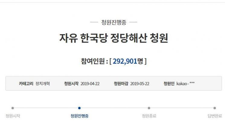 자유한국당의 정당 해산을 촉구하는 청원이 29일 오전 6시 기준 29만명이 동의했다. 사진=청와대 국민청원 게시판