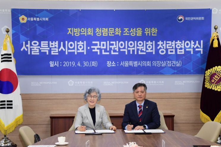 신원철 서울시의회의장(오른쪽)과 박은정 국민권익위원장
