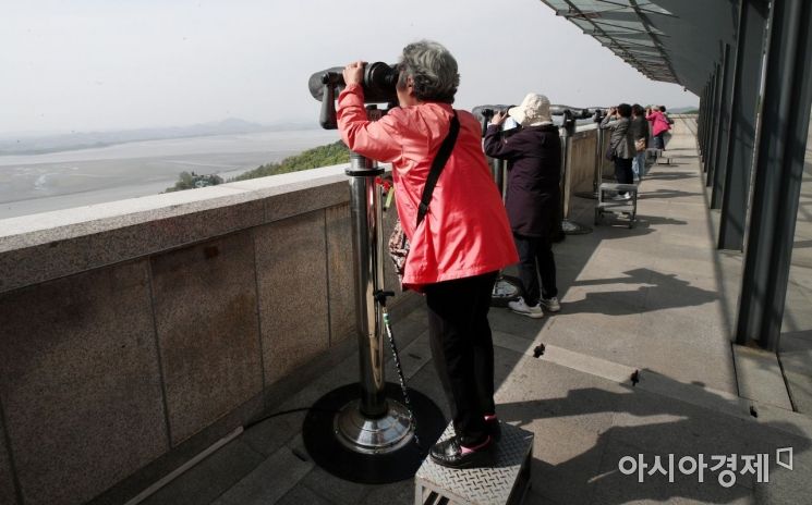 [포토] '지팡이 내려놓고 바라보는 북녘'