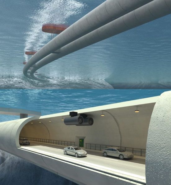 노르웨이에서 세계 최초로 건설할 예정인 수중터널 상상도. 해수면에 떠있는 부유물에 터널이 매달려 있는 형태입니다. 터널의 외관이 유리처럼 투명하지 않다면 해저를 구경하면서 느긋하게 달릴 수는 없겠지요? [사진=CNN 홈페이지]