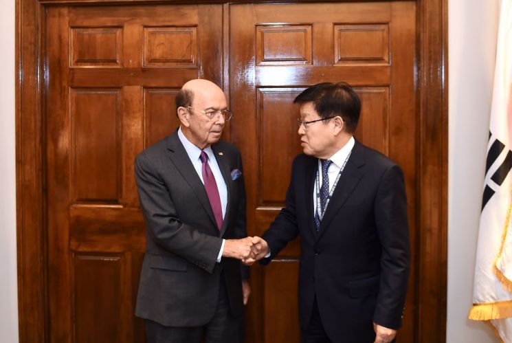윌버 로스 미국 상무장관(왼쪽)과 김영주 무역협회 회장이 14일(현지시간) 면담에 앞서 인사를 나누고 있다./ 사진=무역협회