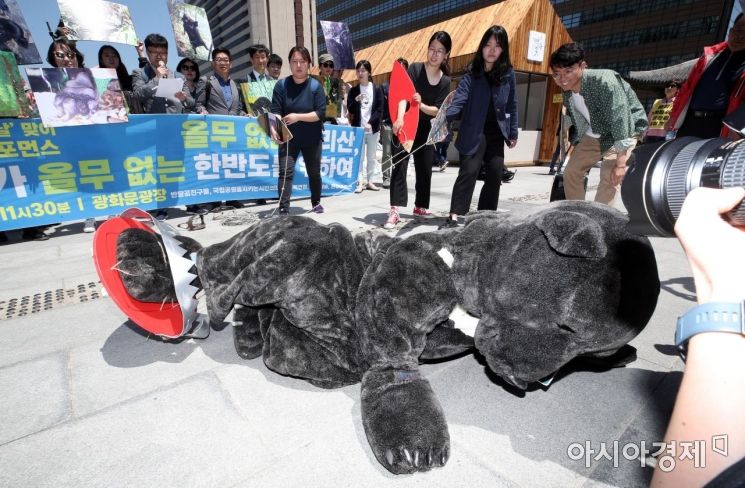 녹색연합 등 환경운동단체 관계자들이 21일 서울 광화문광장에서 생물다양성의 날 맞이 공존 인식 증진 퍼포먼스를 하고 있다./김현민 기자 kimhyun81@