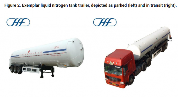 위성사진을 통해 포착된 액화질소 운반용 트레일러(왼쪽)과 수송 차량(오른쪽)의 예상 모습. 액화질소는 우라늄 농축과정에서 냉각장치인 콜드트랩 가동에 필요하다. <사진=38노스>