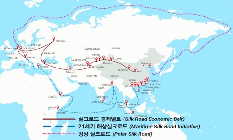 중국의 일대일로와 빙상실크로드 개념도(자료=한국해양수산개발원)
