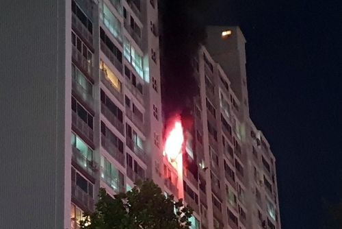 11일 오후 9시 50분께 경기도 고양시 일산서구의 한 아파트 14층에서 불이 나 불길이 치솟고 있다/사진=연합뉴스