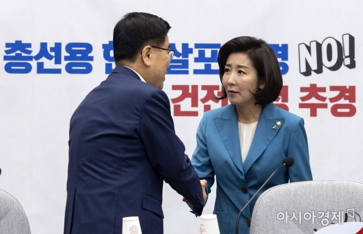 [포토] 인사 나누는 나경원 원내대표-김광림 최고위원
