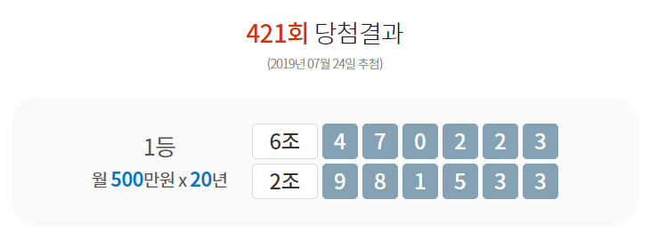 제421회 연금복권 당첨번호/사진=동행복권 복권통합포털 화면 캡처