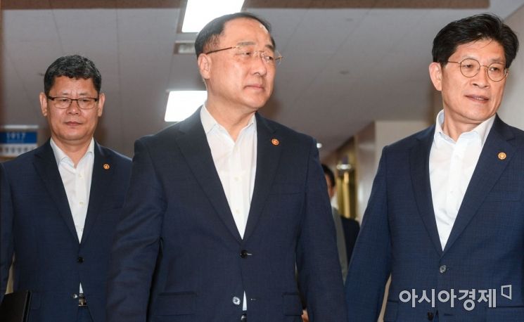 [포토]회의실 들어서는 홍남기 부총리