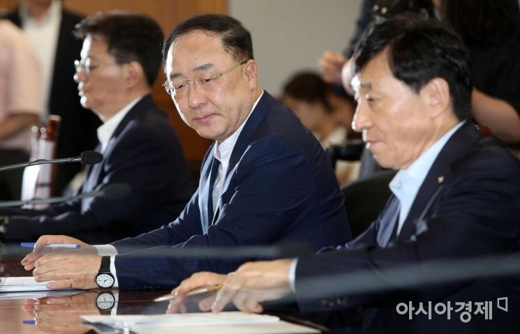 홍남기 경제부총리와 이주열 한국은행 총재(오른쪽)가 7일 서울 중구 은행회관에서 열린 긴급 거시경제금융회의에 참석, 자리하고 있다./김현민 기자 kimhyun81@