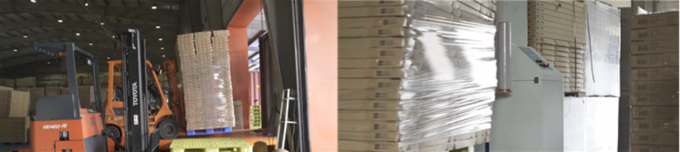 경기 화성 소프시스 물류센터 일부. 오른쪽은 자동 래핑 장치가 제품 박스를 최종 포장하는 장면.