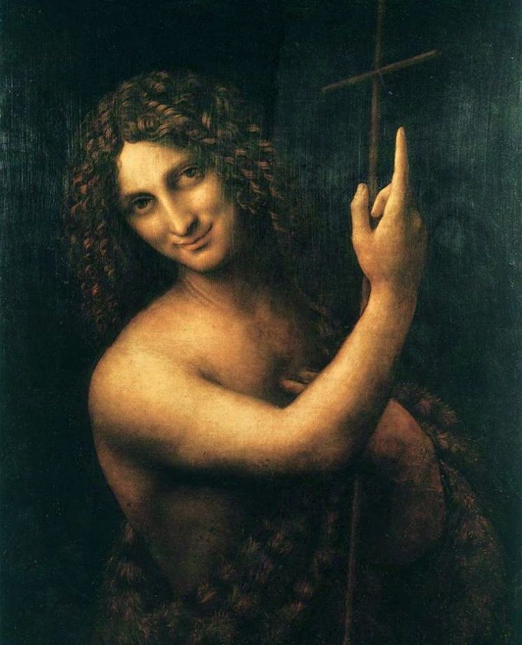 입술의 양쪽 끝만 살짝 올라간 이 미소는 레오나르도 다빈치의 다른 여러 그림에서도 나타나는 공통점입니다. 그림은 레오나르도의 '세례자 성 요한' [그림=위키피디아]