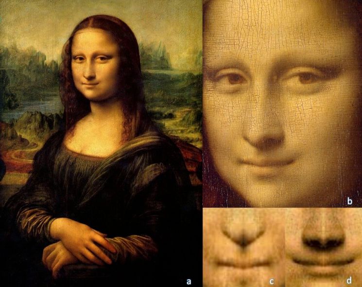 레오나르도 다 빈치가 그린 모나리자(a), 모나리자의 얼굴(b), 모나리자 미소의 왼쪽을 거울에 비춘 대칭 이미지(c). 모나리자 미소의 오른쪽을 거울에 비춘 대칭 이미지(d). [사진=루브르박물관 / 미국 신시내티대]