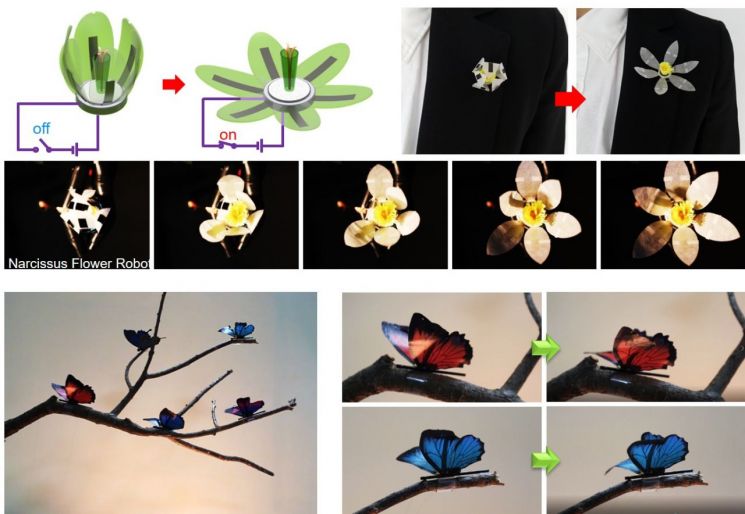 수선화 꽃이 피는 과정과 나무 위에 앉은 나비들의 날갯짓을 개발한 로봇용 인공근육으로 시연한 모습