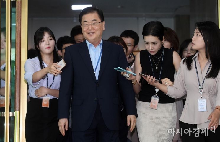 [포토] 질문 받으며 청사 나서는 정의용 실장