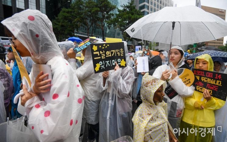 [포토]우산쓰고 정기수요시위 참가한 시민들