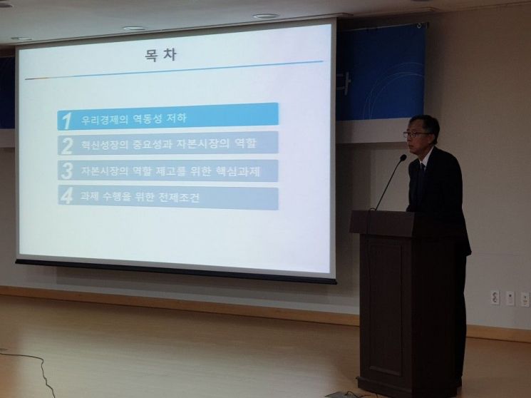 박영석 자본시장연구원장이 5일 오후 국회 의원회관에서 열린 더불어민주당 자본시장 활성화 특별위원회 주최 심포지움에서 주제발표를 하고 있다.