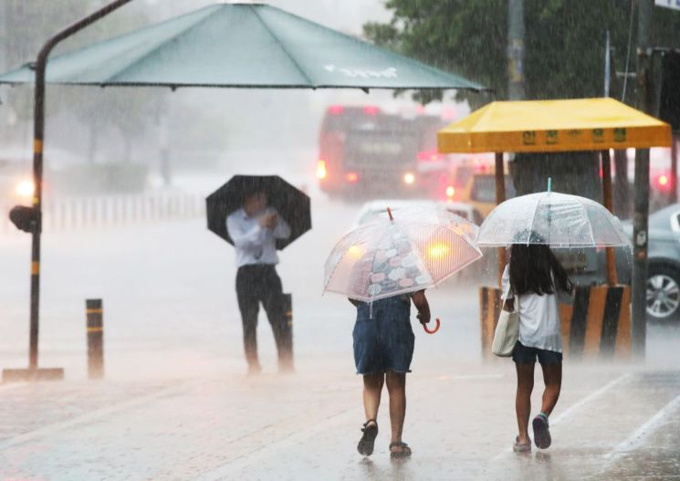 많은 비가 내린 지난 5일 오후 경기도 성남시 분당구의 한 거리에서 어린이들이 우산을 쓰고 걷고 있다. / 사진=연합뉴스