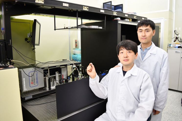연구개발자인 정보수 선임(앞)과 이병학 선임이 펨토초 레이저 장비 앞에서 표면처리 된 티타늄을 들고 있다.