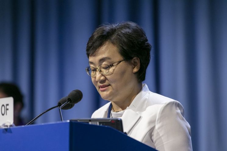 16일 오후(현지시간) 오스트리아 빈 국제원자력기구(IAEA) 본부에서 열린 제63차 IAEA 정기 총회에서 문미옥 과학기술정보통신부 제1차관이 171개 회원국 대표들이 모인 가운데 기조연설을 하고 있다.