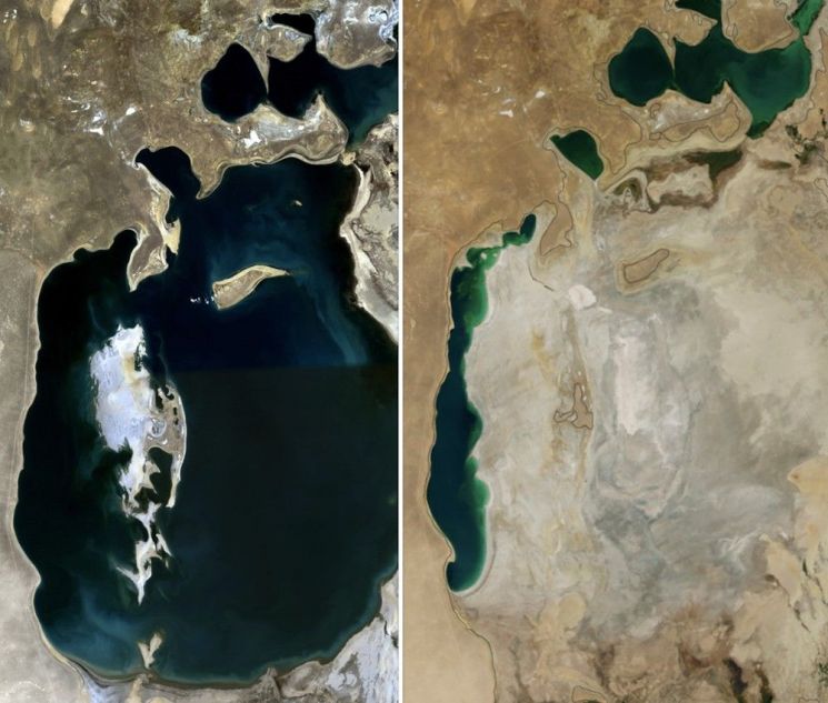 2014년 미 항공우주국(NASA) 인공위성이 촬영한 아랄해의 모습(오른쪽 사진)과 1989년 촬영한 그나마 수량이 풍부하던 시절의 모습(왼쪽 사진). [사진=NASA]