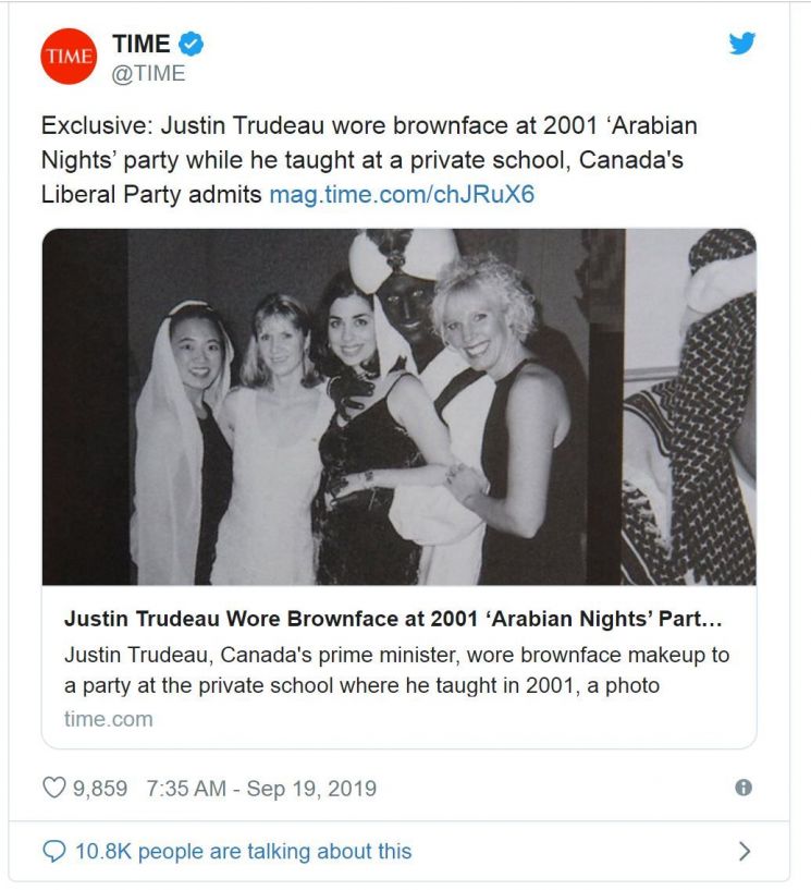 미국 시사주간지 '타임'은 18일(현지시간) 쥐스탱 트뤼도 캐나다 총리의 과거 '알라딘 분장' 사진을 공개했다. (사진=타임 트위터 계정 캡처)