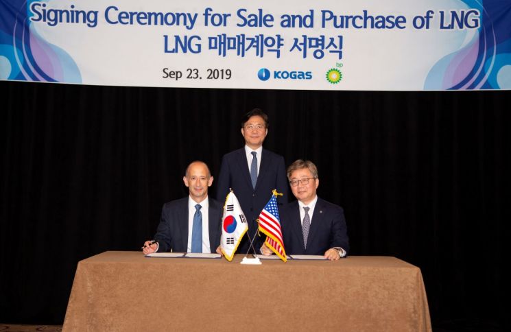 성윤모 산업통상자원부 장관(뒷줄 가운데) 임석 하에 채희봉 가스공사 사장과 로버트 로손 BP 회장이 미국산 LNG 매매 계약을 체결하고 있다.