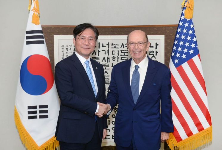 성윤모 산업부 장관(왼쪽)과 윌버 로스 미국 상무장관이 24일(현지시간) 미국 뉴욕 한국총영사관 회의실에서 열린 '한미 상무장관 회담'에서 기념사진 촬영을 하고 있다.