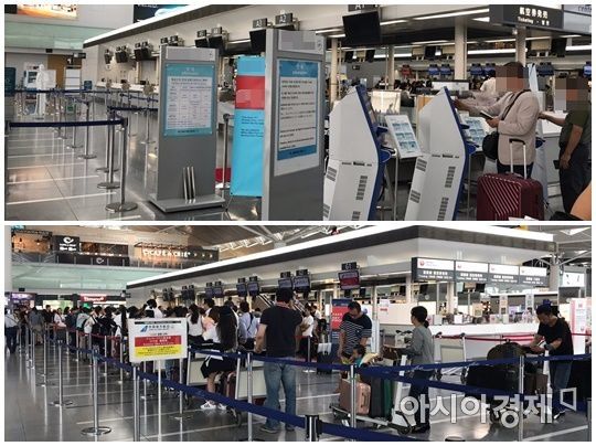 방일 외국인이 나고야를 드나드는 관문인 센트레아 나고야 중부국제공항. 사진 위쪽의 한국행 항공편 수속 카운터는 한산한 반면 중국행 항공편 카운터에는 관광객이 몰려 대조를 이뤘다.
