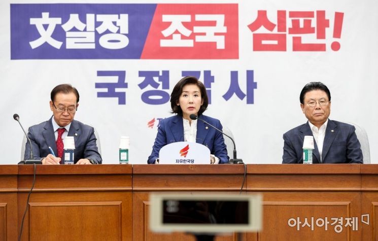 나경원 자유한국당 원내대표가 8일 서울 여의도 국회에서 열린 ‘文실정 및 조국 심판’ 국정감사대책회의에 참석해 모두발언 하고 있다./강진형 기자aymsdream@