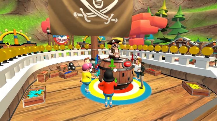 4명의 사용자들이 모여서 '해적 룰렛' 게임을 함께 하는 화면