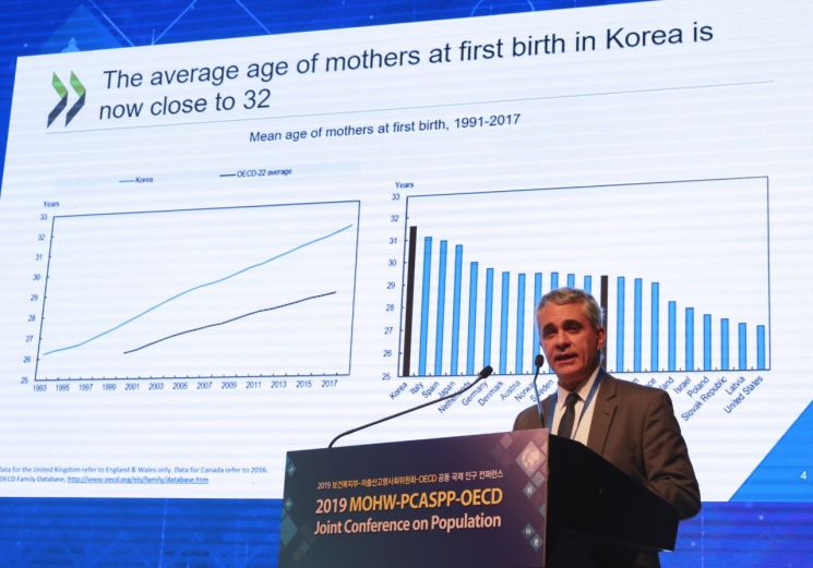 스테파노 스카페타 OECD 고용노동사회국 국장이 28일 서울에서 열린 2019 국제인구학술대회에서 아동가족정책을 주제로 발표하고 있다.