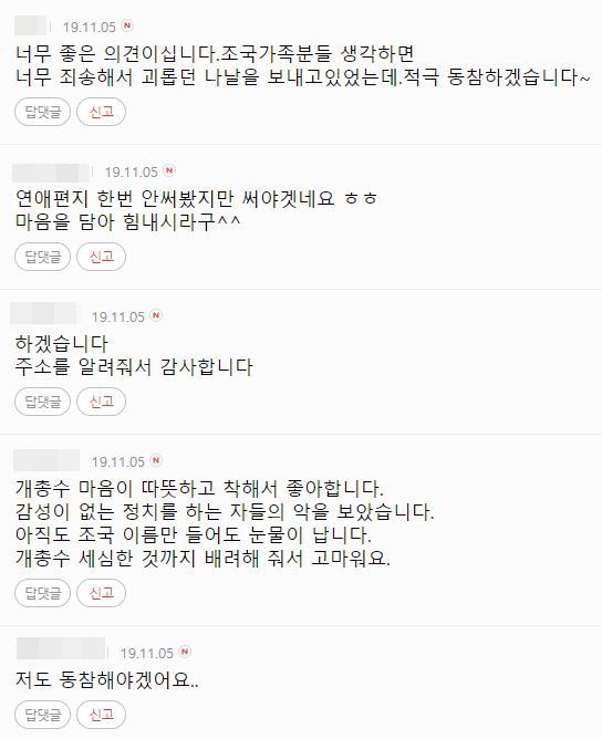 정경심 교수 손편지 독려 게시물 댓글. 사진=인터넷 카페 '개국본' 캡처