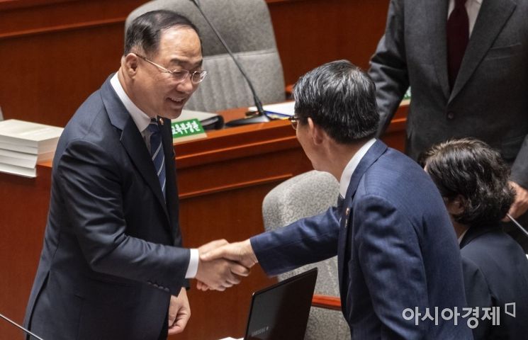 [포토] 인사 나누는 홍남기 부총리·은성수 위원장