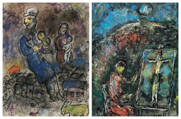 마르크 샤갈 'Violinist and Maternity over the Roofs(왼쪽)' gouache, ink, tempera, watercolor on paper, 76.3×56.5㎝, 1982년, 'The Painter and the Christ(오른쪽), tempera, crayon and gouache on panel, 27×21㎝, 1982년, signed on the lower right and reverse   [사진= 케이옥션 제공]