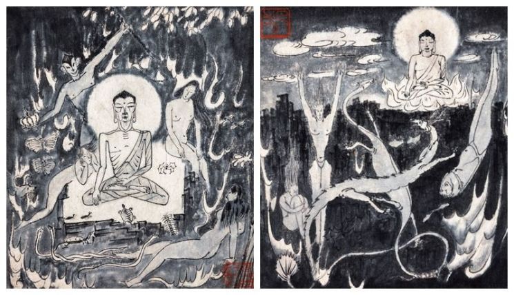 구본웅 '고행도(苦行圖, 왼쪽)', ink on paper, 27×24㎝, 1935년, '만파(卍巴, 오른쪽), ink on paper, 27×24㎝, 1937년  [사진= 케이옥션 제공]