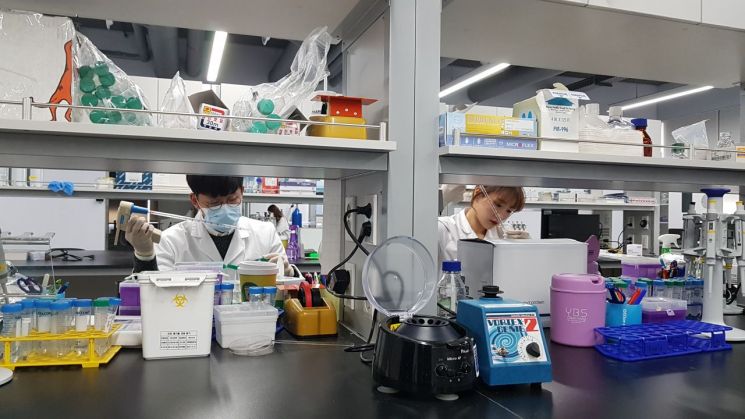 한스바이오메드 서울 송파구 사옥의 세포치료제연구센터에서 연구원들이 시험을 하고 있다.