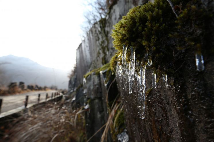 가을 들어 가장 추운 날씨를 기록한 지난 14일 무등산국립공원 얼음바위에 고드름이 맺혀 있다. / 사진=연합뉴스