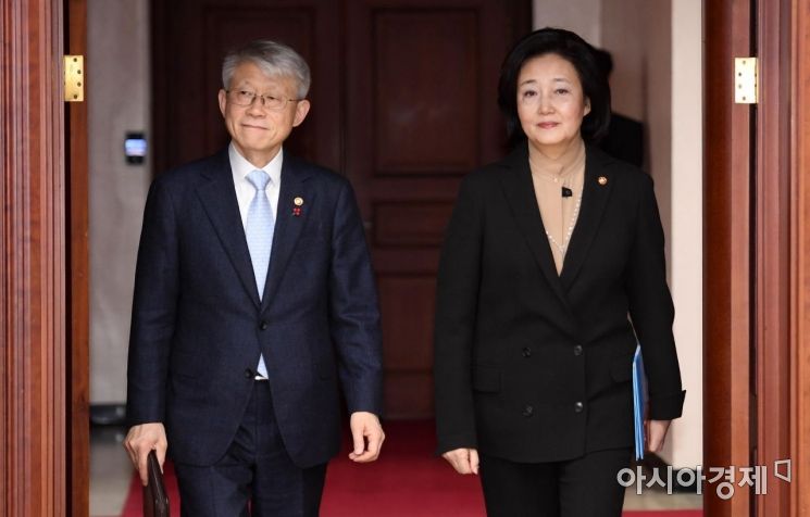 [포토] 회의실 들어서는 최기영-박영선