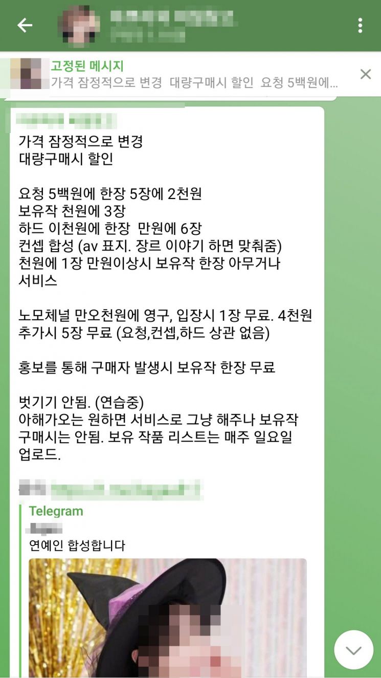 연예인 합성 음란물을 판매한다는 텔레그램 메시지.