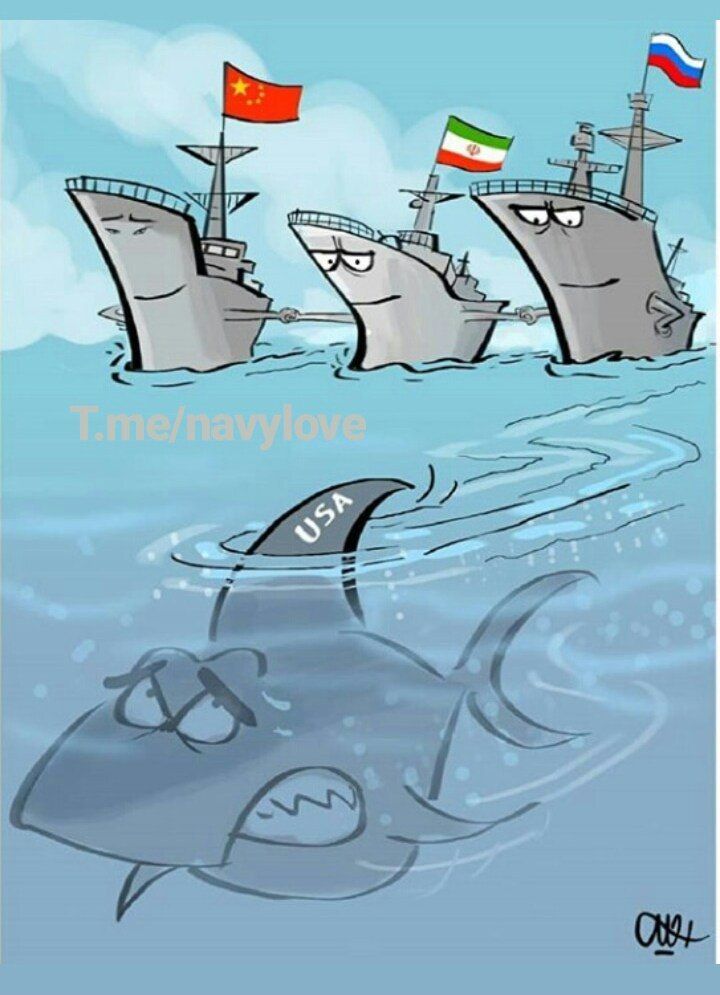 이란군은 27일(현지시간) 공식 트위터를 통해 중국, 러시아, 이란 3개국 해군이 힘을 합쳐 미국(USA)이란 이름의 상어를 물리치는 만평을 게재했다.[이미지출처=이란군 트위터/@Iran_Military]