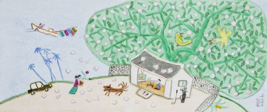 이왈종 '제주생활의 중도', 종이부조에 혼합재료, 44×104㎝  [사진= 케이옥션 제공]