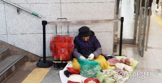 29일 한 지하철 역사 계단 입구에서 나물을 팔고 있는 노인.사진=한승곤 기자 hsg@asiae.co.kr