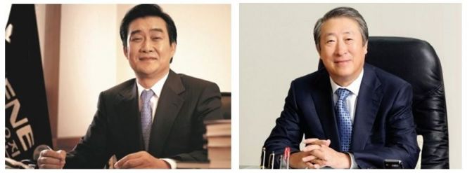 왼쪽부터 유경선 유진그룹 회장, 문규영 아주그룹 회장