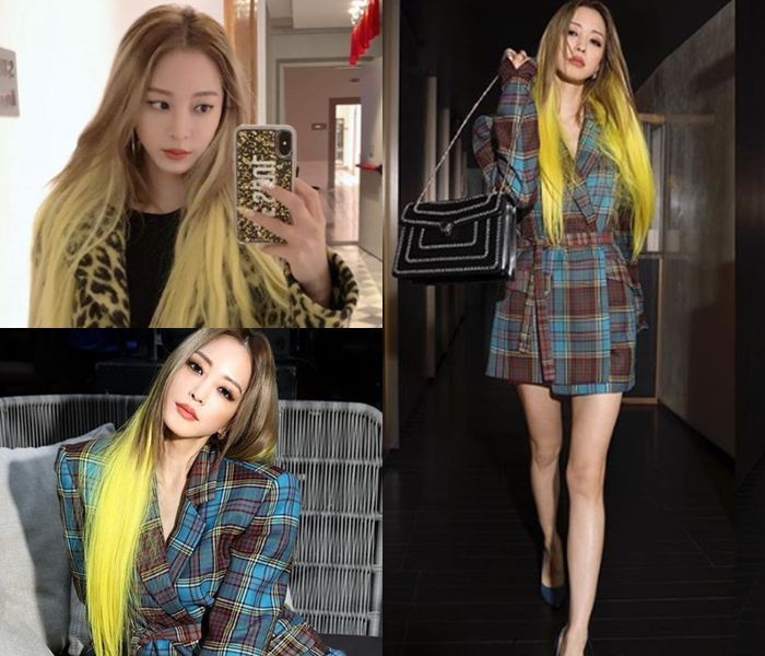 쨍한 노란색 머리를 선보인 한예슬.