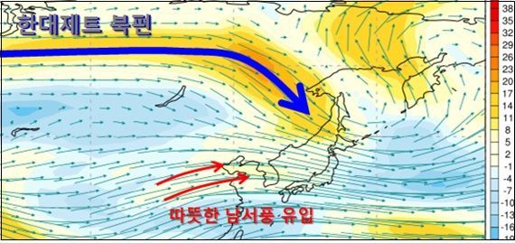 올해 1월 1~8일 300hPa 평균 바람(화살표)과 색상으로 표시된 평년편차 (제공=기상청)