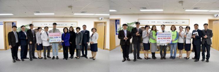 동강대 간호학과 학생들(사진 왼쪽)과 광주 인터넷 카페 회원들이 화순전남대병원에 헌혈증과 기부금을 전달했다. 사진=화순전남대학교병원 제공