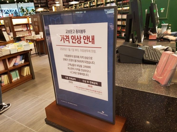 영등포 타임스퀘어에 위치한 교보문고. 종이봉투 가격 인상 안내 문구가 비치되어 있다.