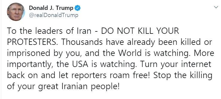 "시위대 죽이지 말라" 트럼프, 이란에 경고 